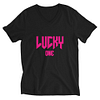 Lucky One V3 V-Neck Black T-Shirt with Pink Logo
