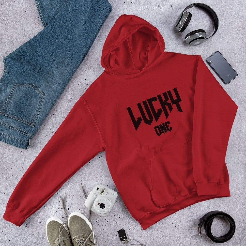 Red hoodie with black v3 Lucky One logo