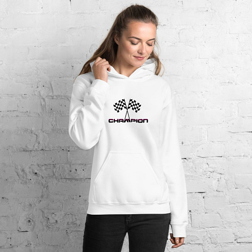 Girl wearing white Champion hoodie with finish flags