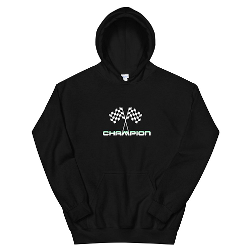 Black Champion hoodie with finish flags