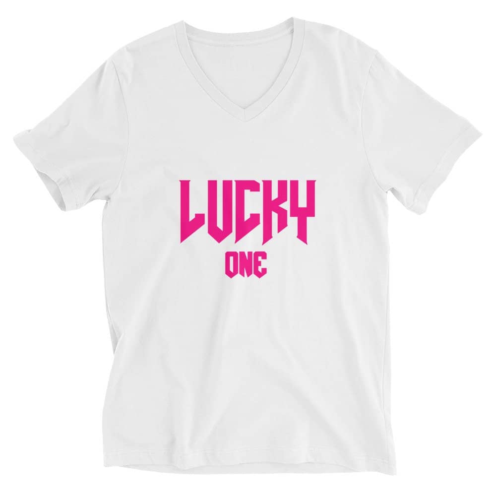 Lucky One V3 V-Neck White T-Shirt with Pink Logo