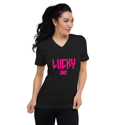 Women wearing Lucky One V3 V-Neck Black T-Shirt with Pink Logo