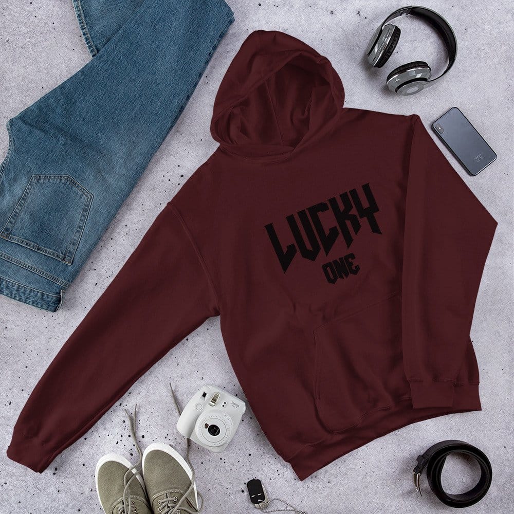 Maroon hoodie with black v3 Lucky One logo
