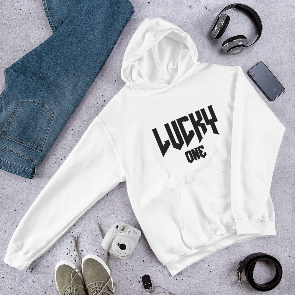 White hoodie with black v3 Lucky One logo