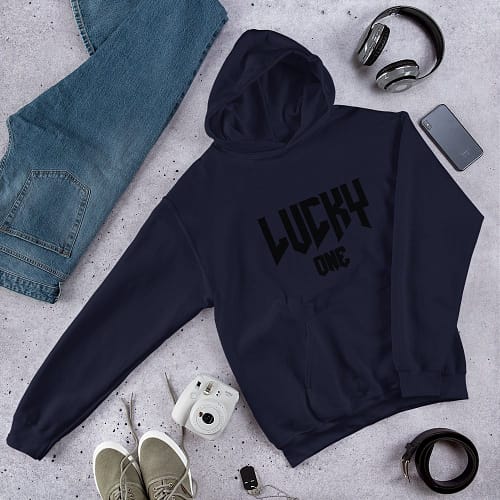 Navy hoodie with black v3 Lucky One logo