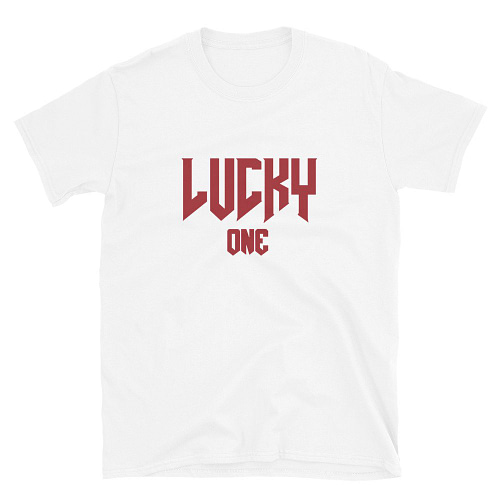 White T-shirt with Latvian flag red color Lucky One logo