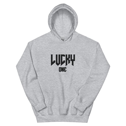 Grey hoodie with black Lucky One V3 logo